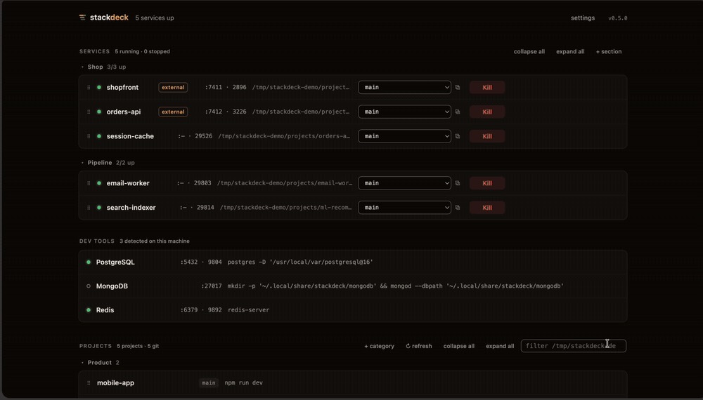 The Stackdeck board with several services, one streaming logs